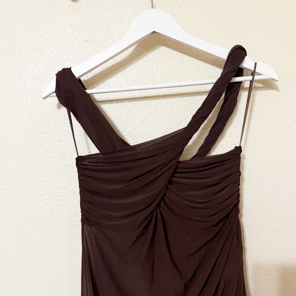 Ronny Kobo Izel Dress in Desert Chocolate Brown Draped Mesh Twist Mini Revolve - Picture 9 of 13